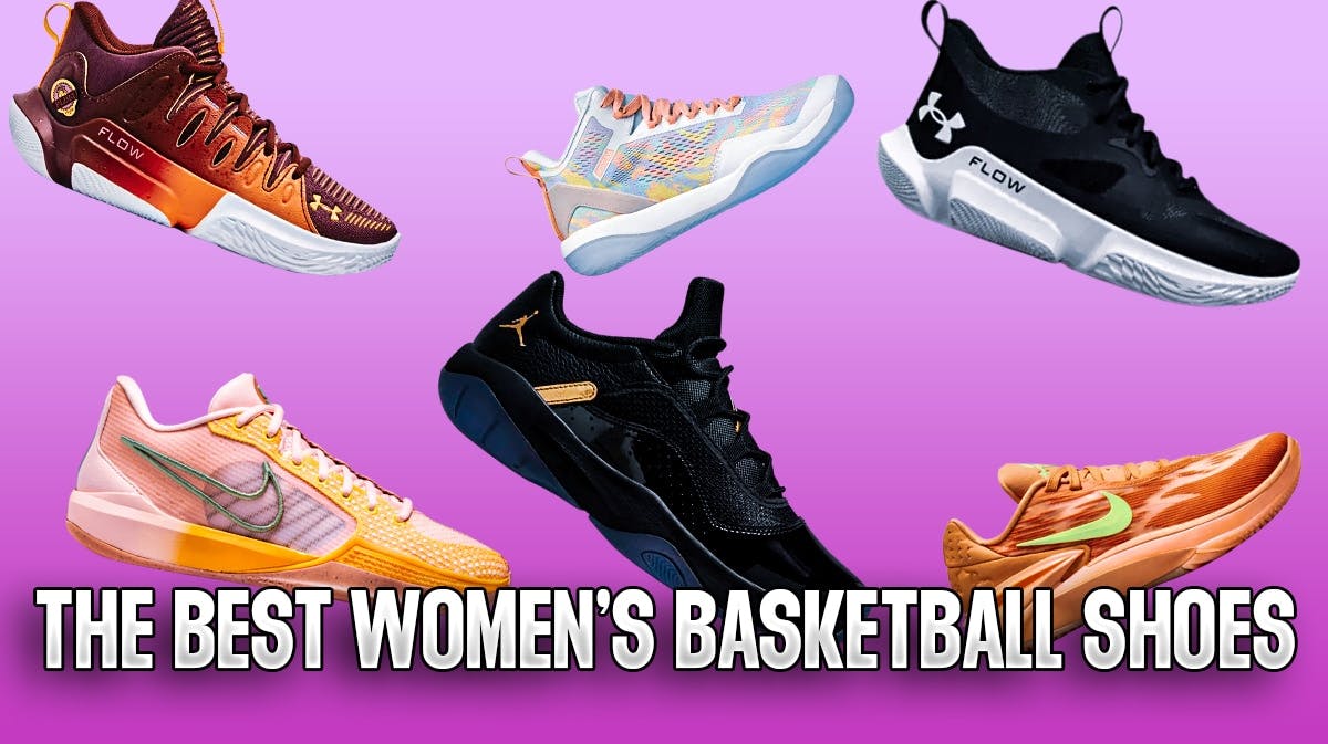 Product display of the best women's basketball shoes on a purple background.