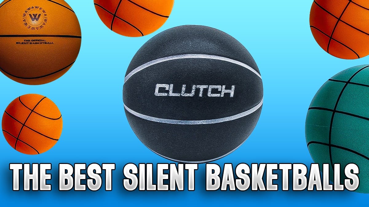 Product display of the best silent basketball on a sky blue background.