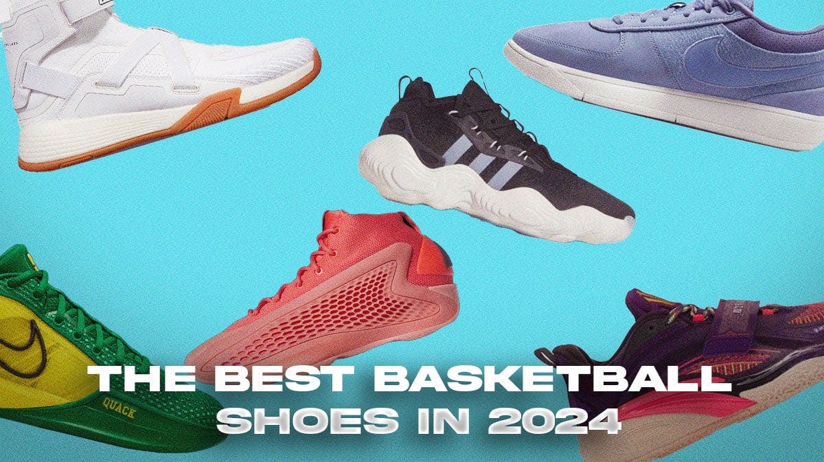 Product display of the best basketball shoes in 2024 on a sky blue colored background.