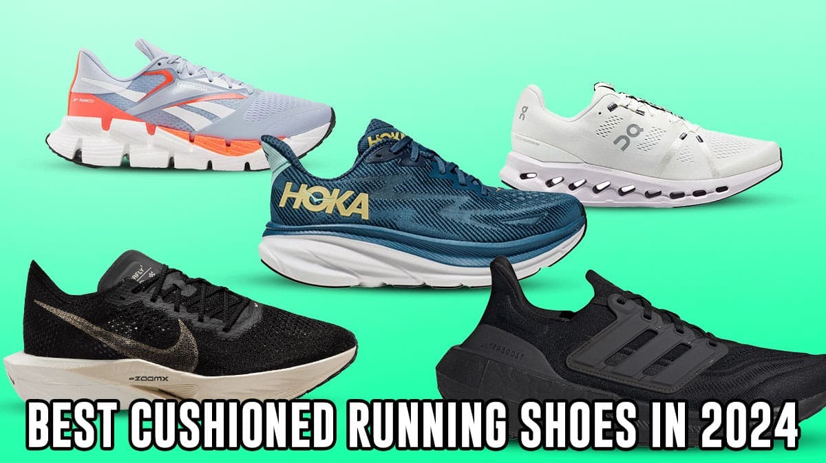 Product display of the best cushioned running shoes on a seafoam green colored background.