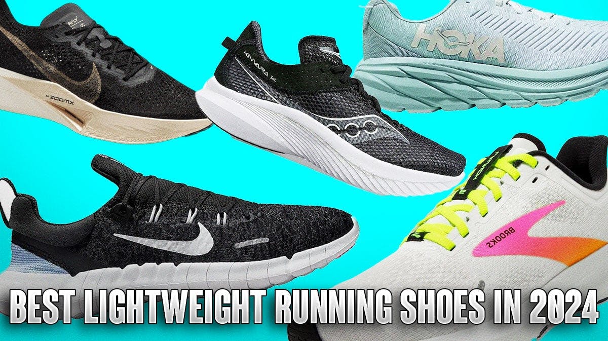 Product display of the best lightweight running shoes on a sky blue colored background.