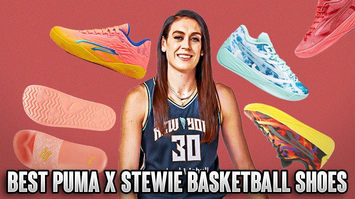 Breanna Stewart surround by her Puma Stewie shoes on a red colored background.
