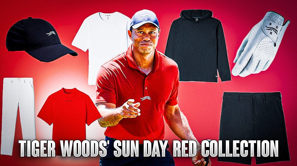 Tiger Woods surrounded by his new clothing collection on a red colored background.