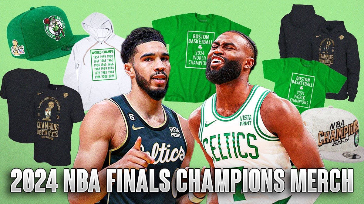 Jayson Tatum and Jaylen Brown surrounded by Celtics champs merch on a light green colored background.