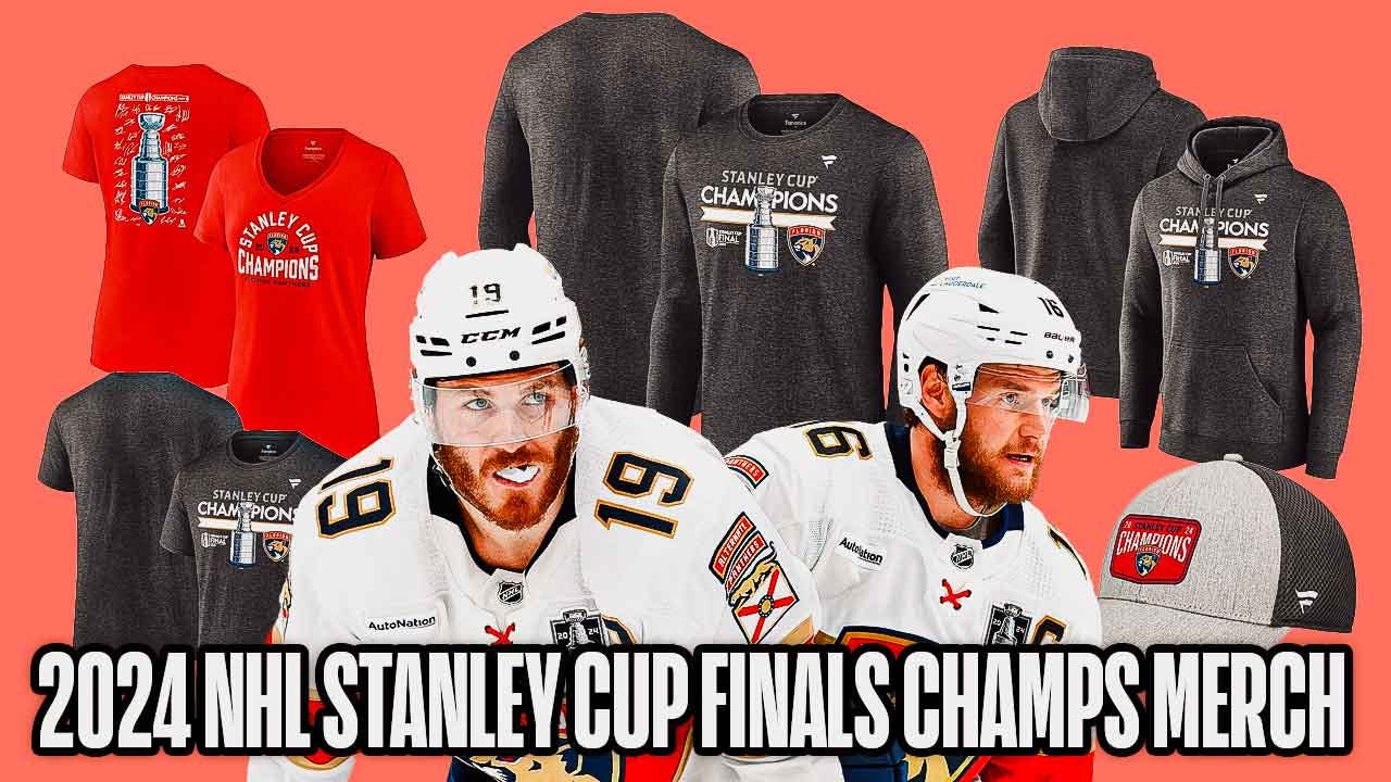 Aleksander Barkov and Matthew Tkachuk surrounded by 2024 Stanley Cup Finals champs merch on a red colored background.