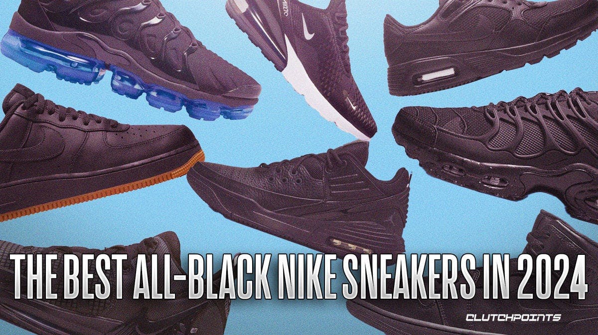 Product display of the best solid, all black Nike shoes on a sky blue colored background.