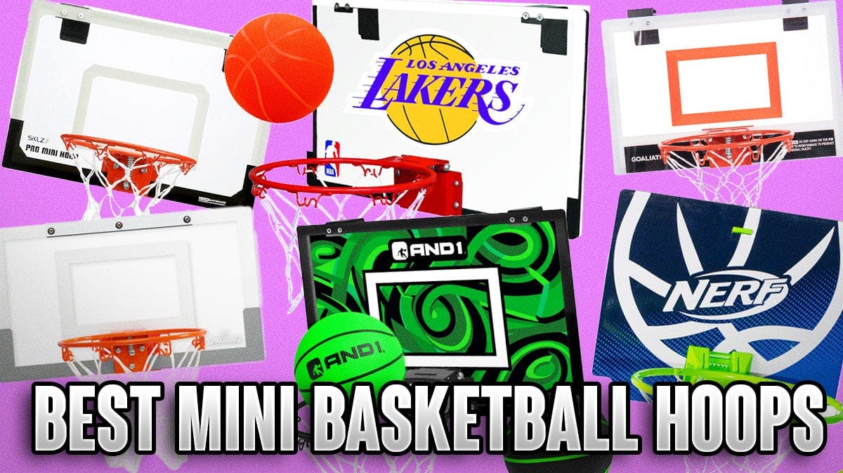 Product display of the best mini basketball hoops on a purple colored background.