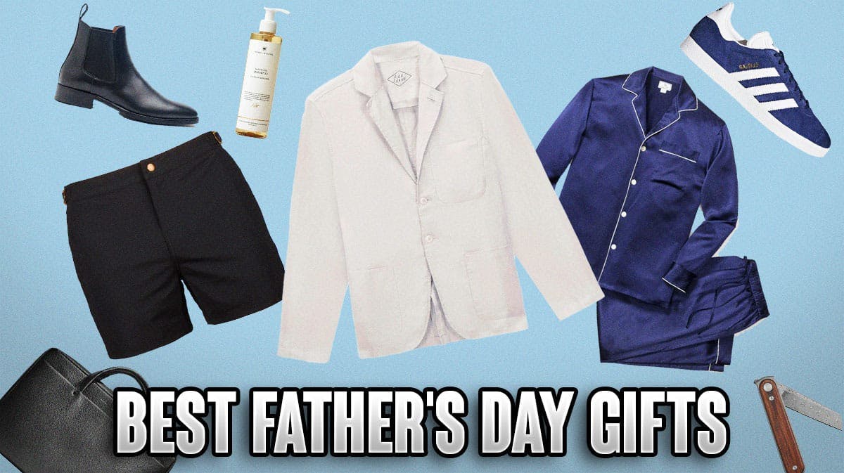 Product display of the best Father's Day gifts on a blue background.