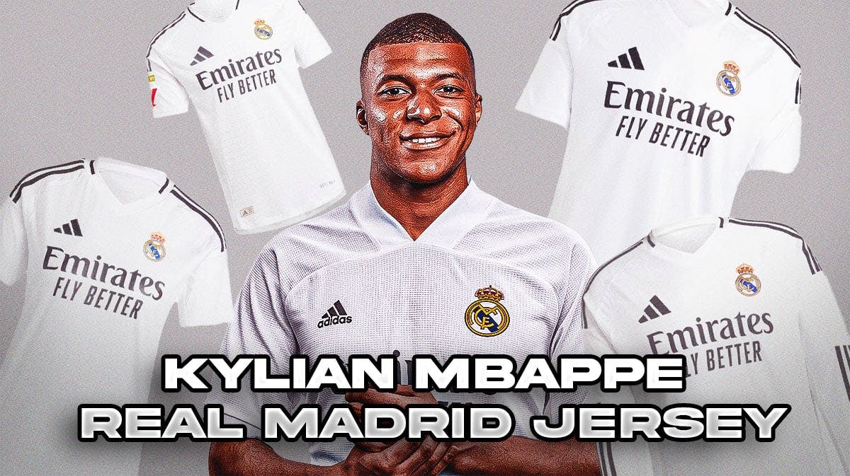 Kylian Mbappé wearing his new Real Madrid jersey surround buy the home Real Madrid jerseys on a silver background.