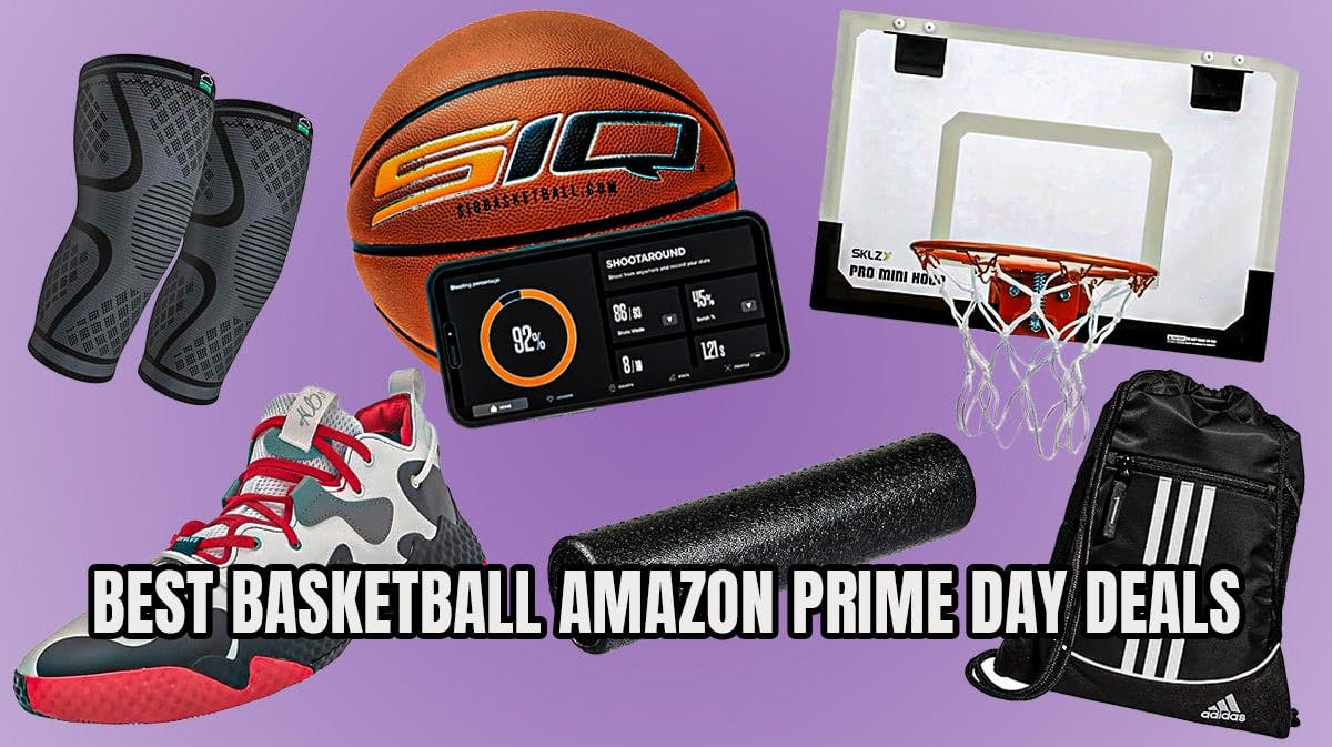 Product display of the best basketball items on sale during the 2024 Amazon Prime Day deals on a purple colored background.