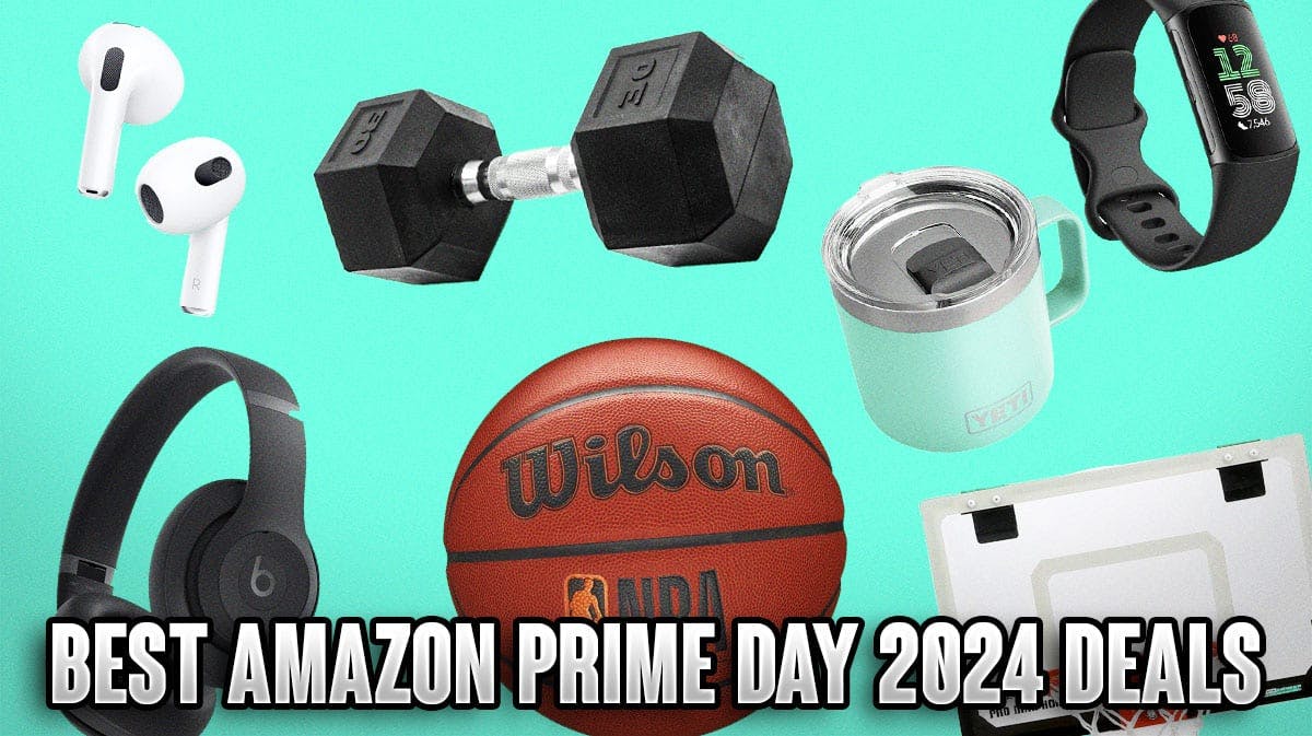 Product display of the some of the items on sale during the Amazon Prime Day 2024 sale on a sky blue colored background.