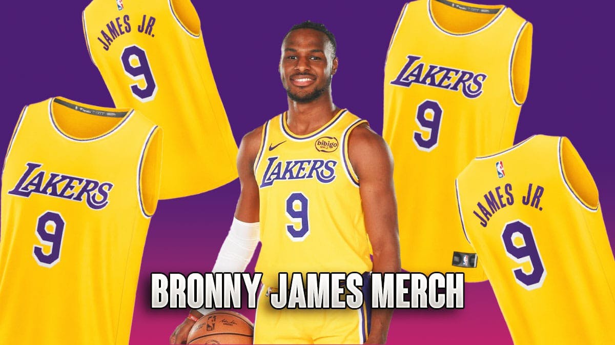 Bronny James surrounded by his jerseys on a purple colored background.