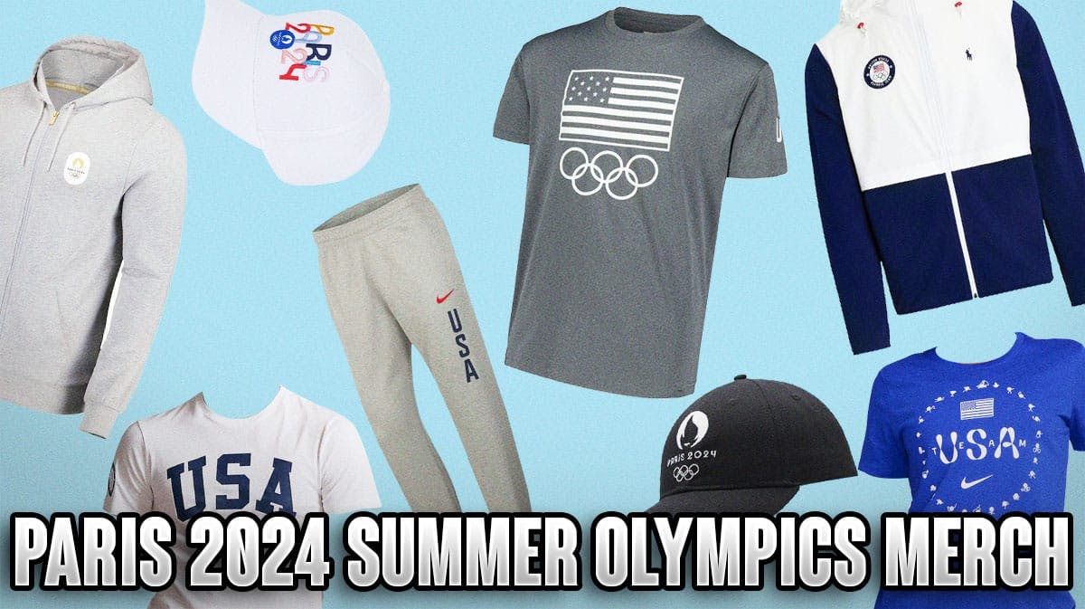 Product display of the best 2024 Summer Olympics merch on a sky blue colored background.