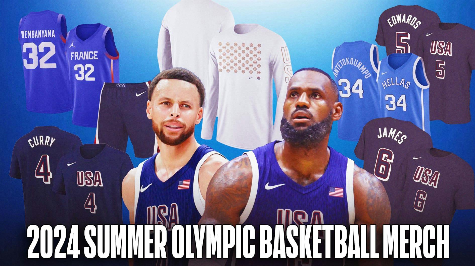 LeBron James and Steph Curry surrounded by 2024 Summer Olympics basketball merch on a blue background.