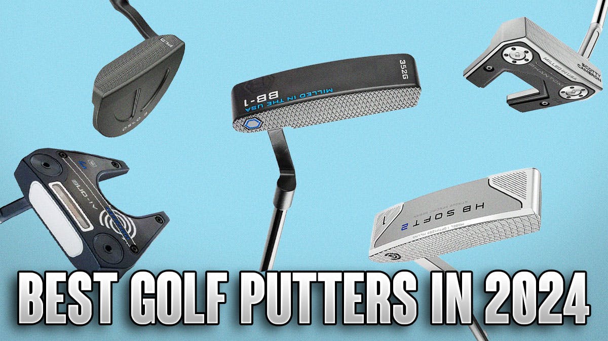 Product display of the best golf putters in 2024 on a sky blue colored background.