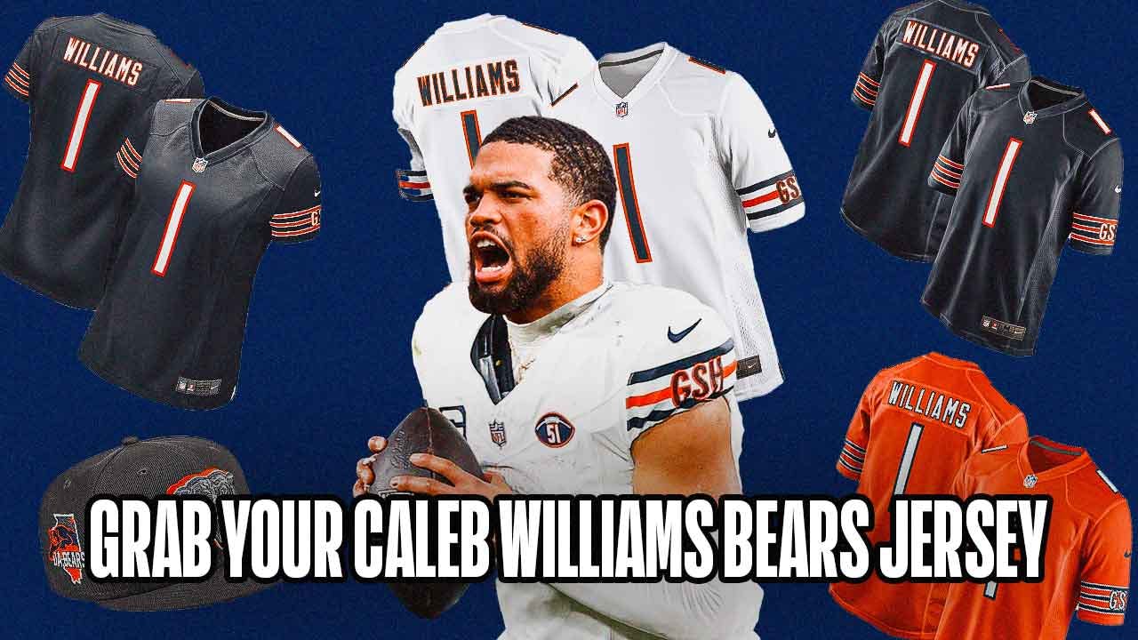 Caleb Williams wearing a Bears jersey surrounded by his draft day merch on a dark blue background.