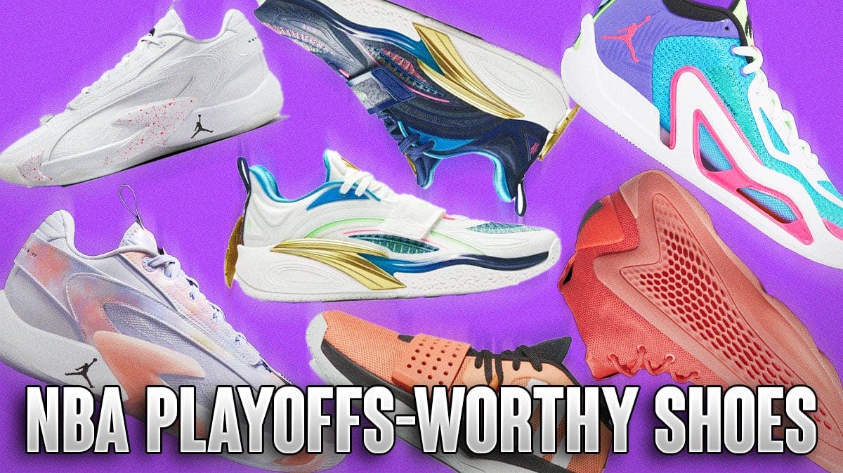 Product display of some NBA Playoffs-worty sneakers on a purple colored background.